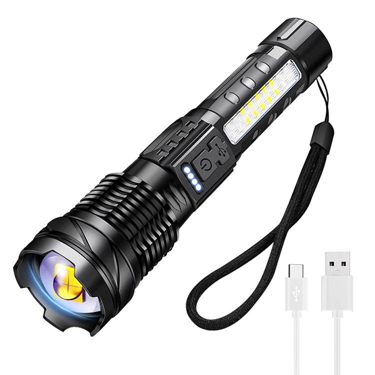 Rechargeable high power LED flashlight with side light and Type-C cable